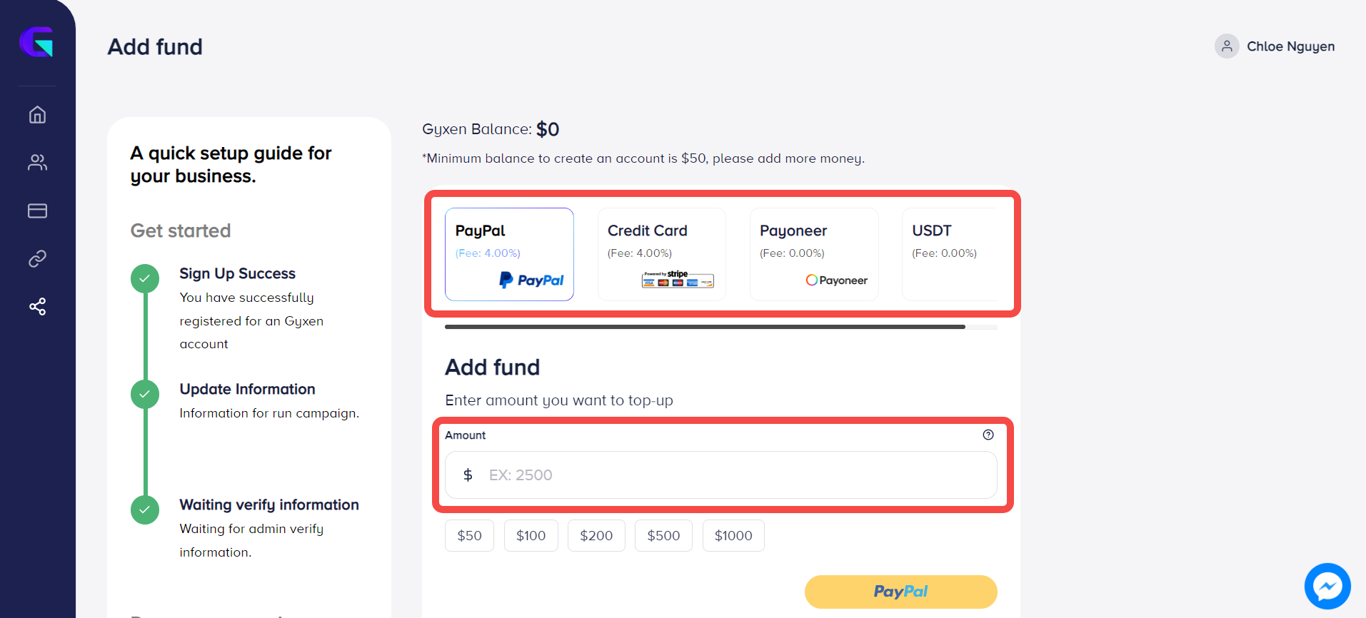 Step 4 — Company info and top-up