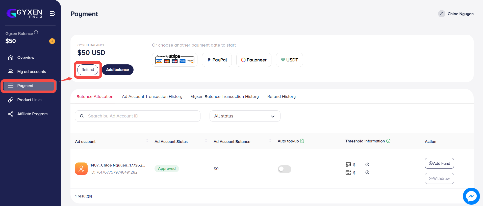 Add fund via USDT