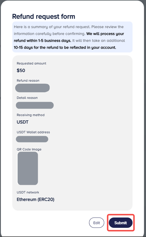 Refund request step 1